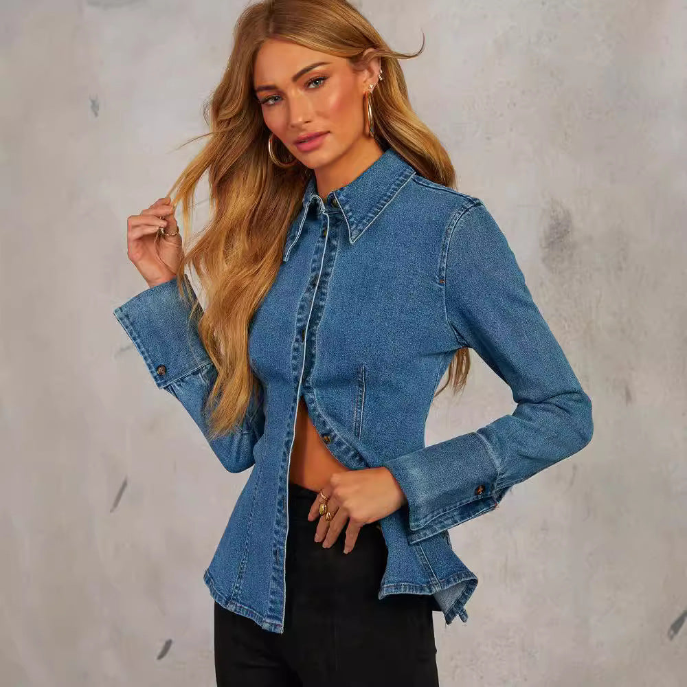 Autumn Casual Lapel Single-breasted Womens Long-sleeve Denim Jacket