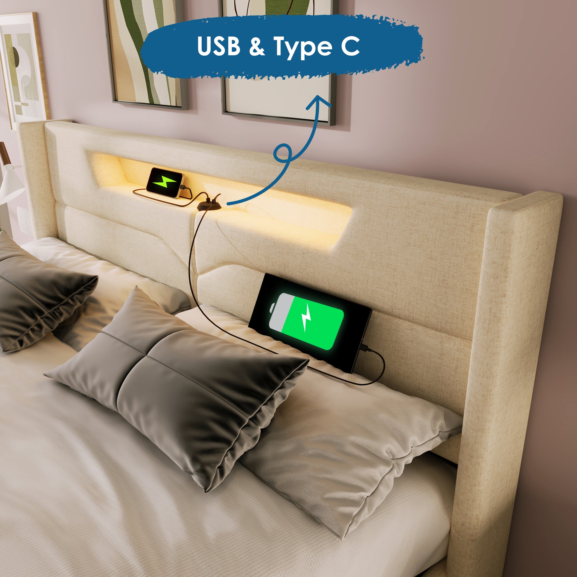 Upholstered Bed LED Double Bed With USB Type C Charging Function And LED Lighting,Storage Beds Bed Frame Made Of Linen Material Youth Bed 160x200 With Slatted Base  Without Mattress