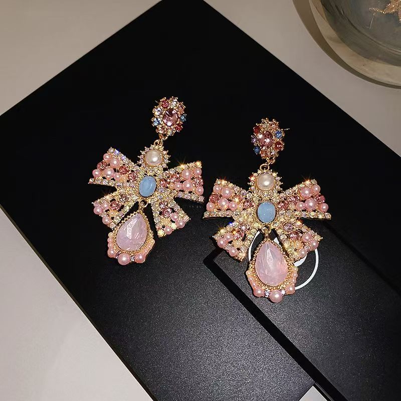 Pearl & Rhinestone Bow Floral Teardrop Stud Earrings For Women, French Retro  Style Elegant Dainty Ear Jewelry