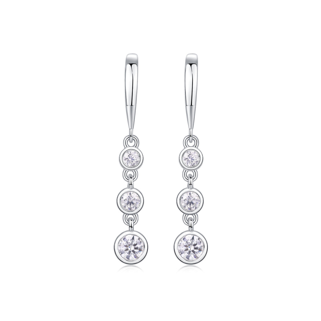 S925 Sterling Silver Three-Stone Drop Earrings, D-VVS1 Moissanite Bezel-Set Dangle, Platinum Plated 1.8g Women's Jewelry Gift Box