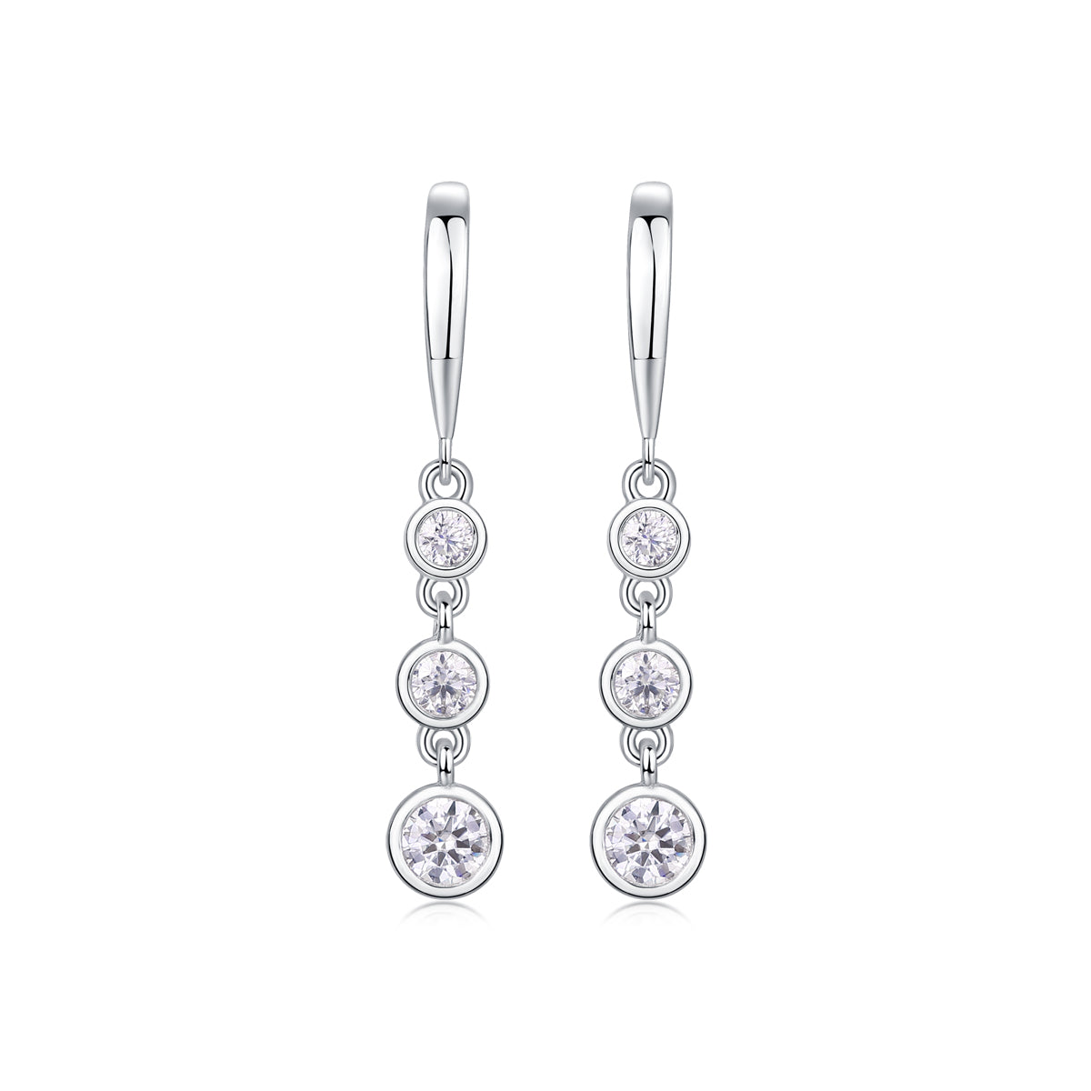 S925 Sterling Silver Three-Stone Drop Earrings, D-VVS1 Moissanite Bezel-Set Dangle, Platinum Plated 1.8g Women's Jewelry Gift Box