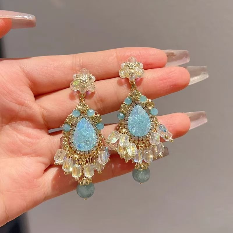 Light Luxury Beaded Tassel Long Dangle Earrings For Women, High-End Slimming Niche Fashion Drop Jewelry, New Style For Vacation