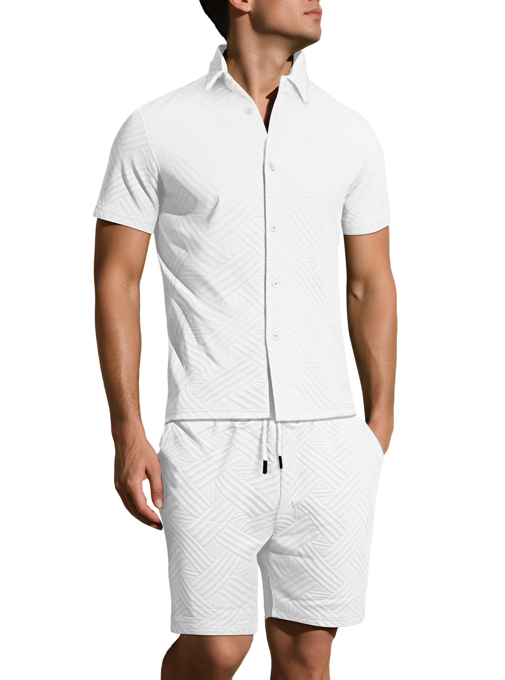 Mens Solid-Color Jacquard Shirt Casual Two-Piece Set