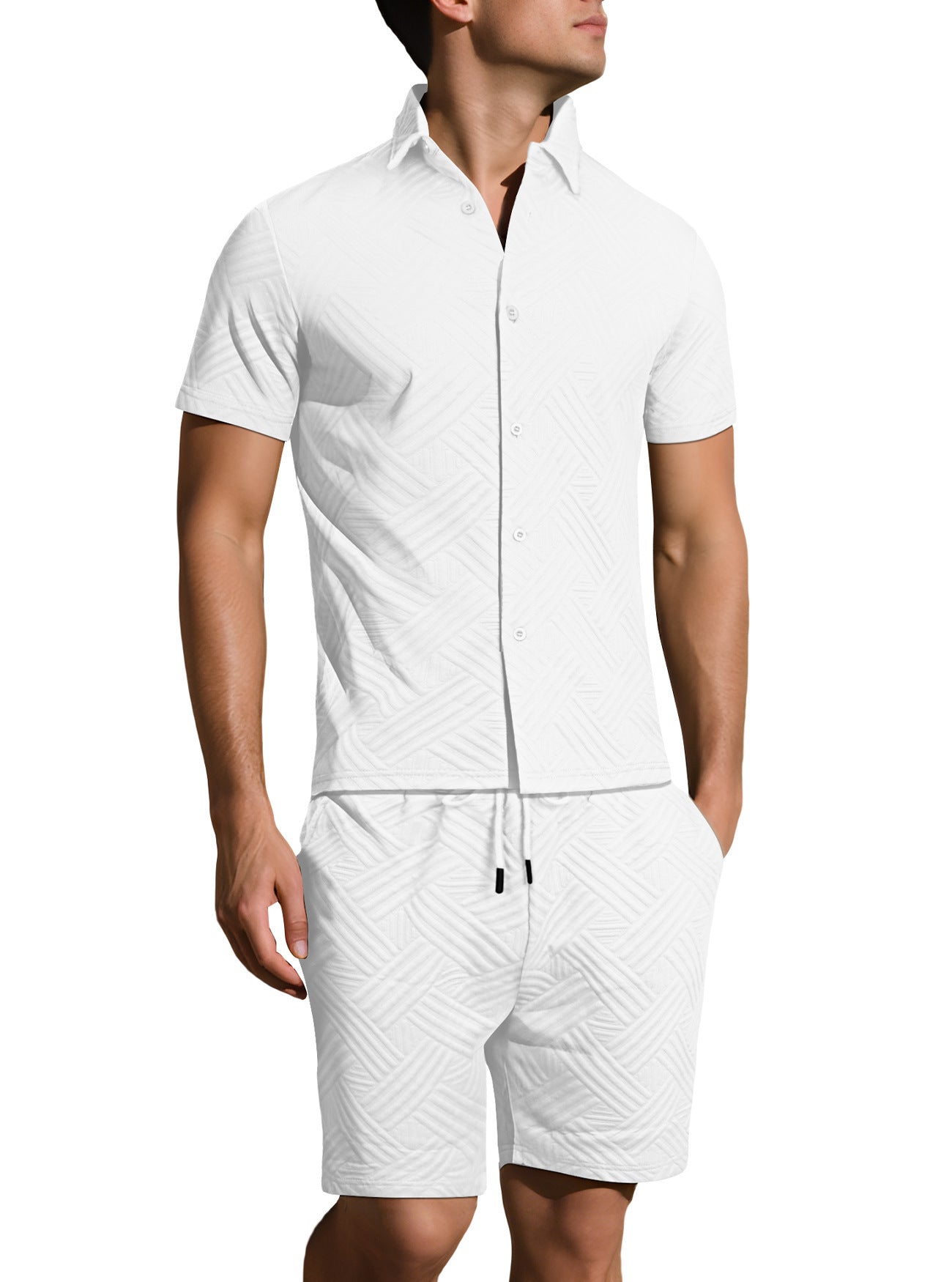 Mens Solid-Color Jacquard Shirt Casual Two-Piece Set