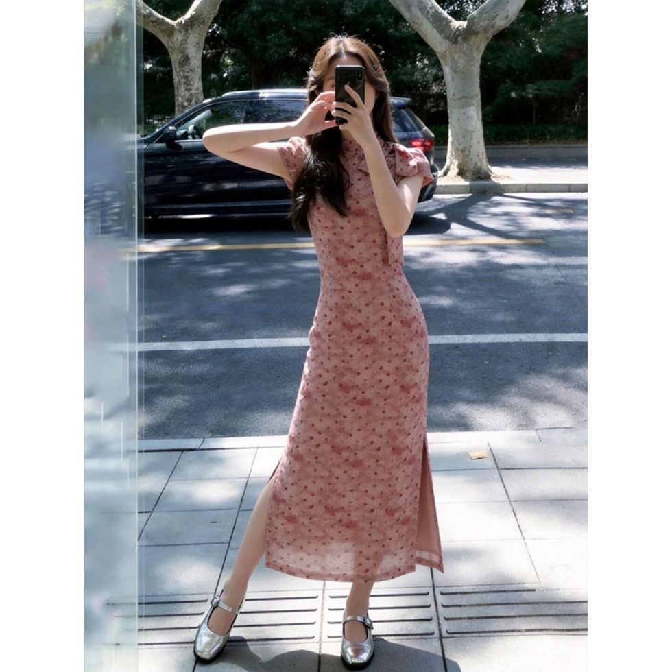 Elegant Polka-dot Bow Cheongsam Dress For Women