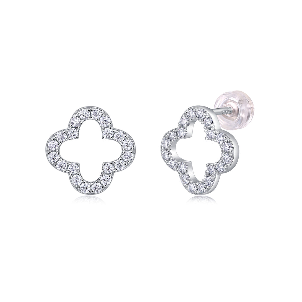 S925 Sterling Silver Open Clover Stud Earrings, D-VVS1 Moissanite Pave Outline, Platinum Plated 1.6g Women's Jewelry Gift Box