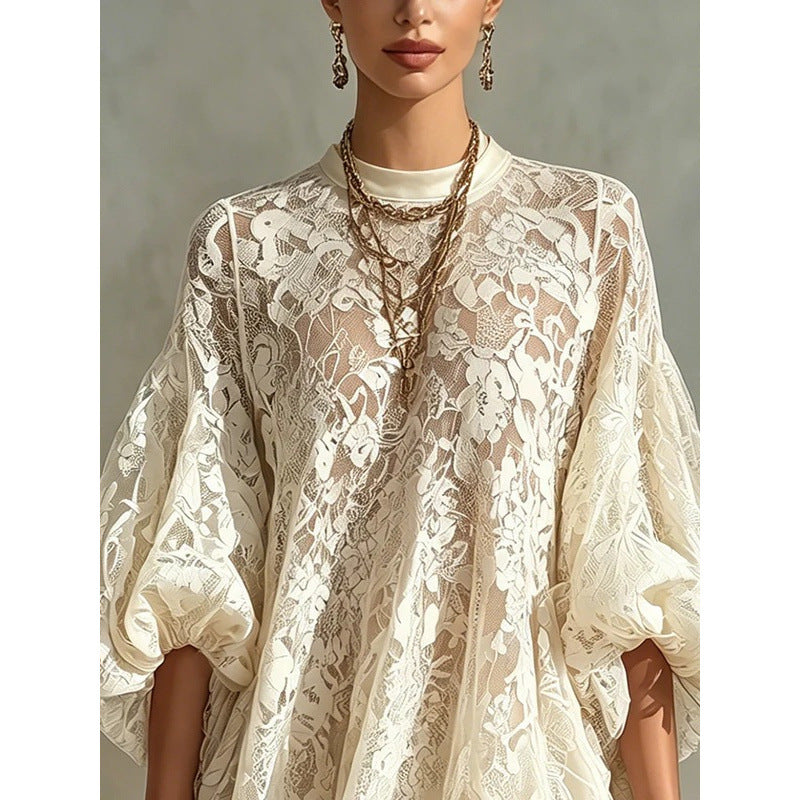 Womens Fashionable Casual Loose-fitting Lace Blouse