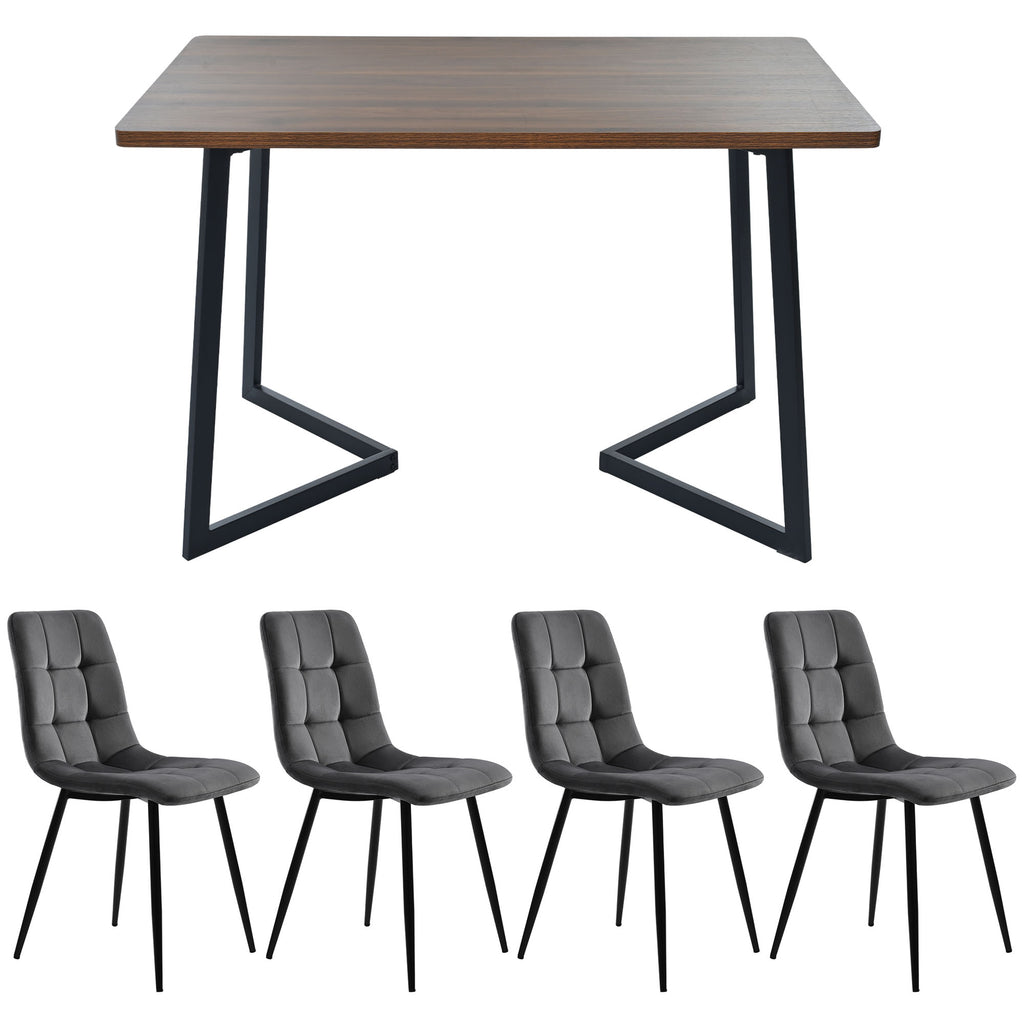 5-piece Dining Set With Table And 4 Chairs, Modern Kitchen Table Set, Wood Grain Kitchen Table With Black Metal Legs, MDF Tabletop In Walnut Color, Dark Gray Velvet Dining Chairs