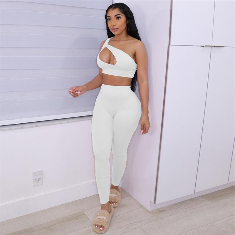 Sloping Shoulder Bodysuit High Waist Track Pants Set