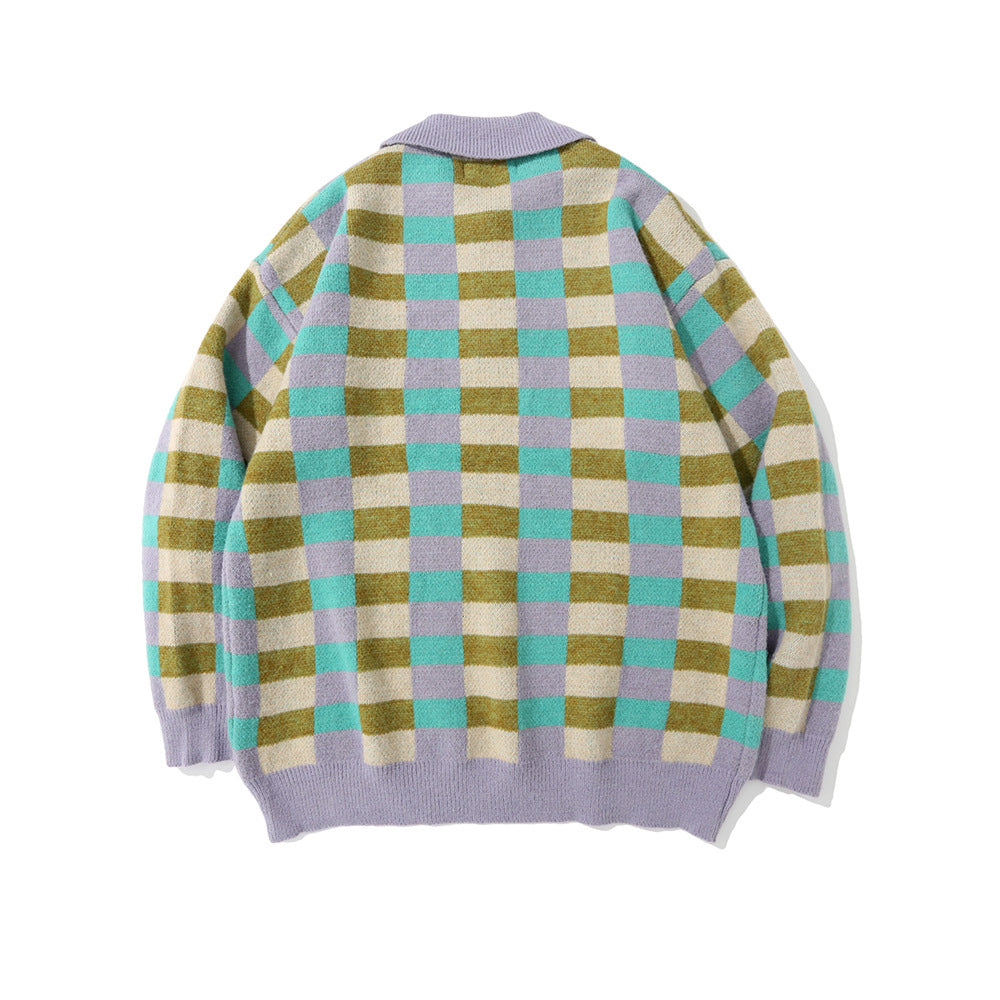 Checkered Polo Collar Sweater For Men Street Trend Loose