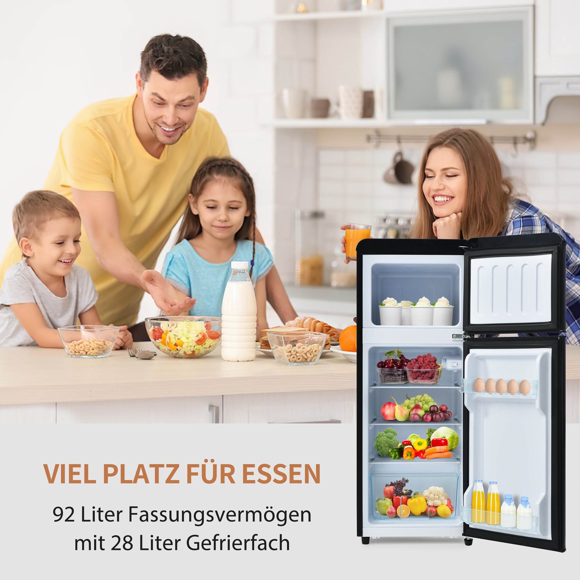 Retro Fridge-freezer, 105.5 Cm High, 41 Cm Wide, Two-door, 92-liter Total Capacity, With 28-liter Freezer Capacity. 116 KWhyear,  LED Light. Energy Class D