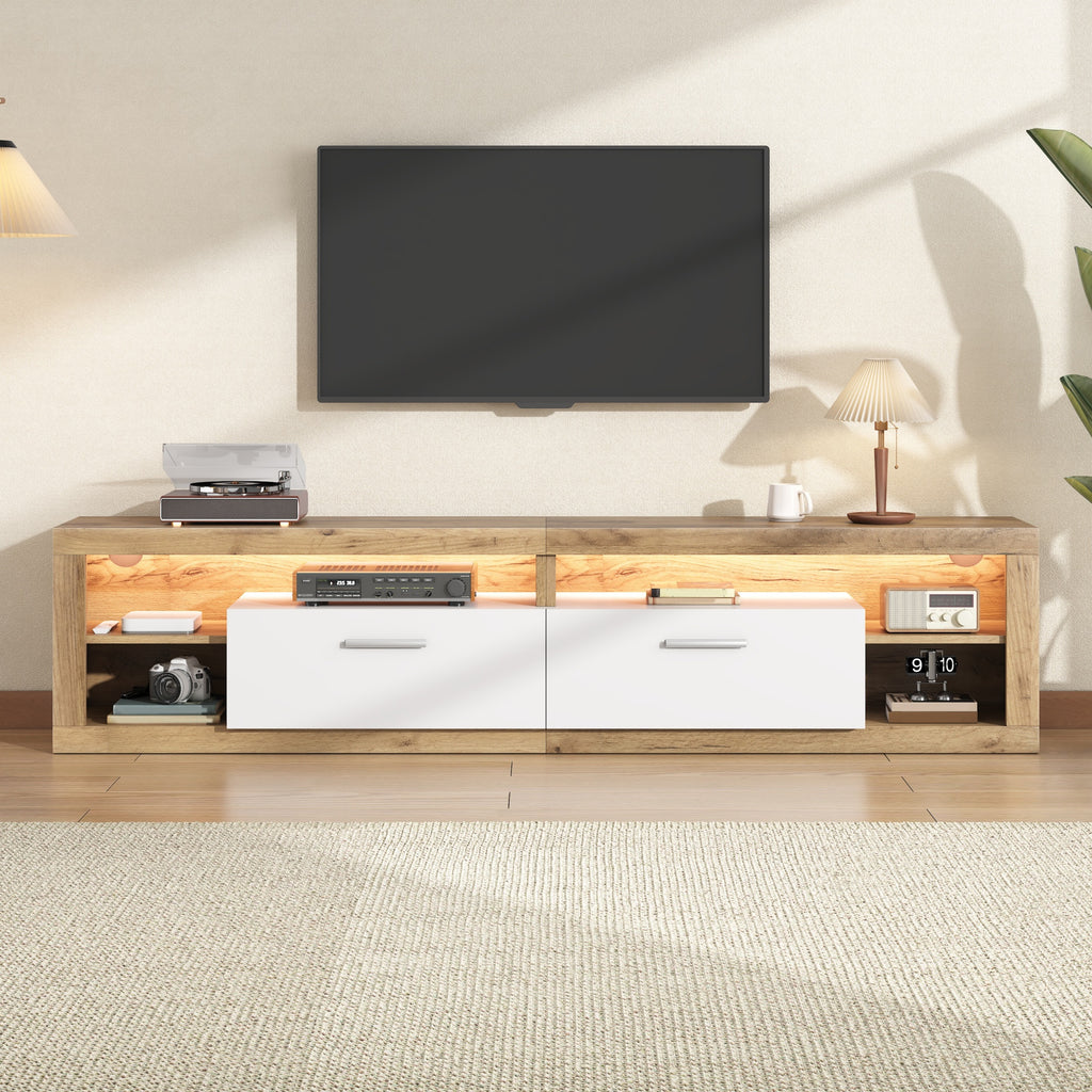 TV Cabinet 180x35.5x50cm With App-controlled LED, 2 Drawers & 4 Open Compartments, TV Cabinet, Lowboard Made Of Chipboard, Loadable Up To 30kg, Suitable For 75 Inch TVs, Natural Wood Color  White