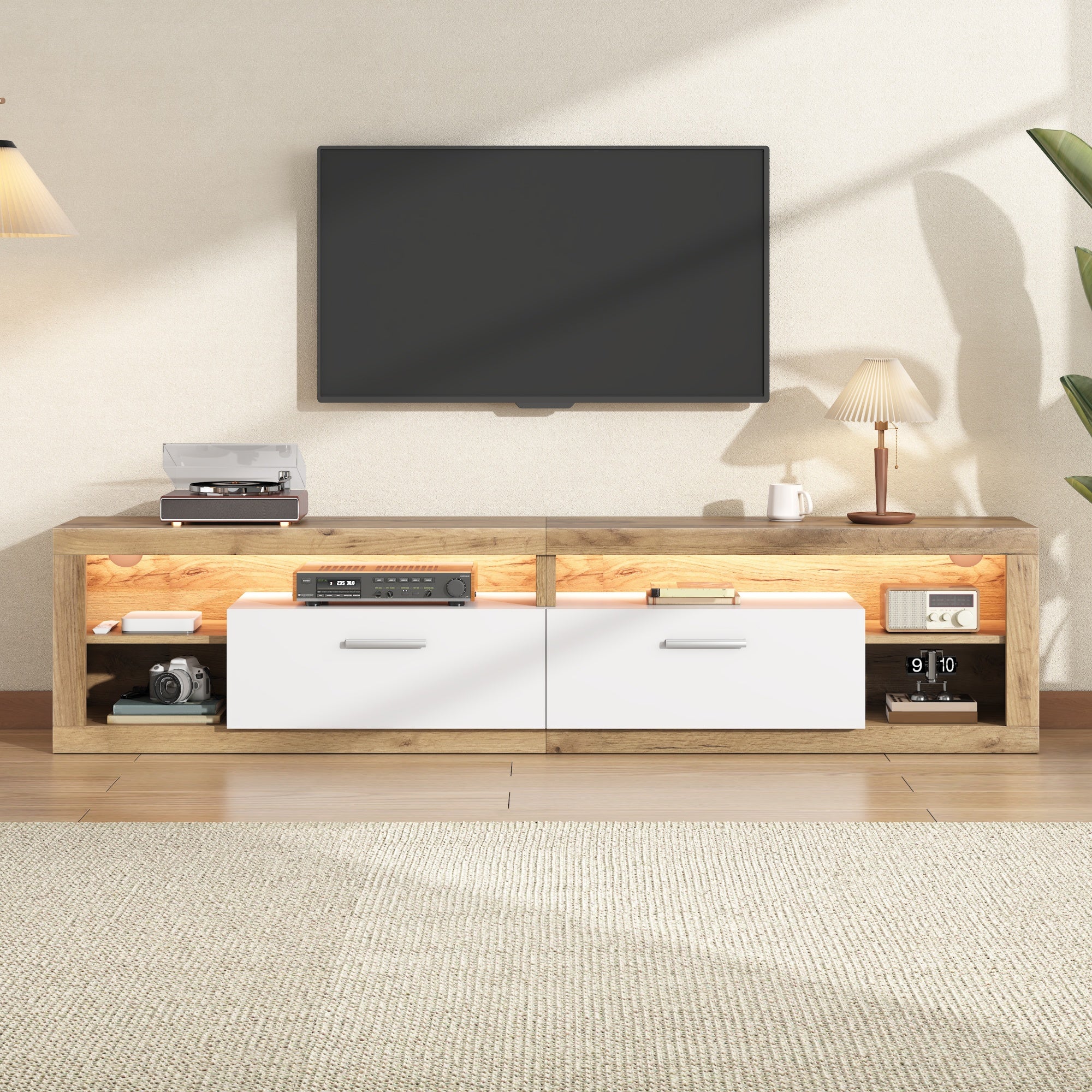 TV Cabinet 180x35.5x50cm With App-controlled LED, 2 Drawers & 4 Open Compartments, TV Cabinet, Lowboard Made Of Chipboard, Loadable Up To 30kg, Suitable For 75 Inch TVs, Natural Wood Color  White