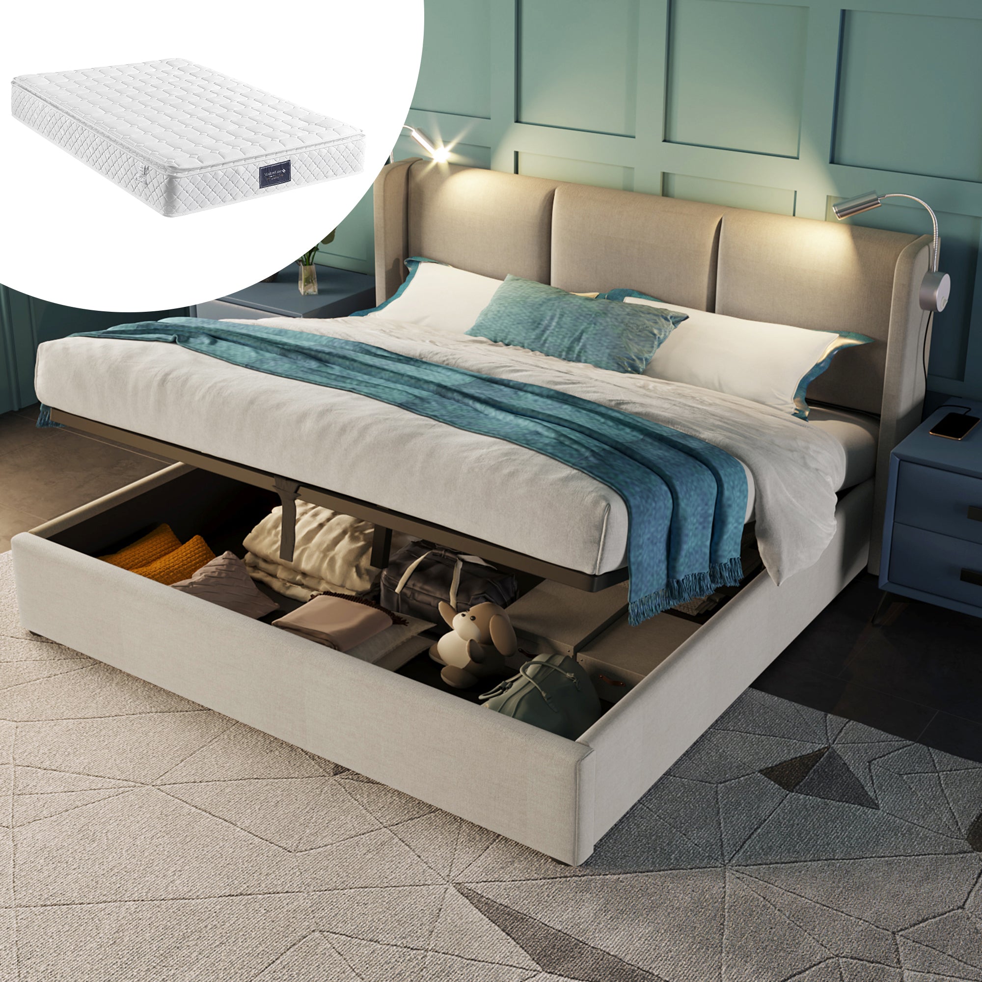 Polsterbett Doppelbett Stauraum Bettkasten Leselicht Mit USB Ladefunktion Kopfteil,Stauraumbetten Bettgestell Aus Leinenmaterial Jugendbett 140x200 Mit Lattenrost Mit Matratze