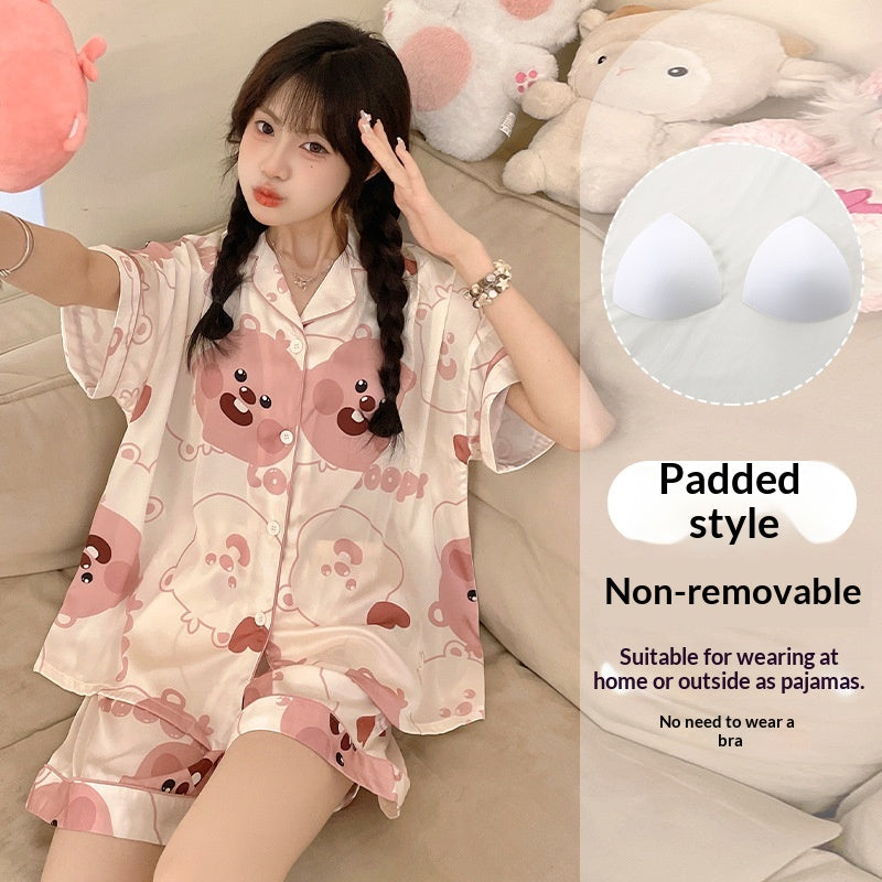Womens Summer High-End Ice Silk Short-Sleeve Pajama Set 3 Pieces