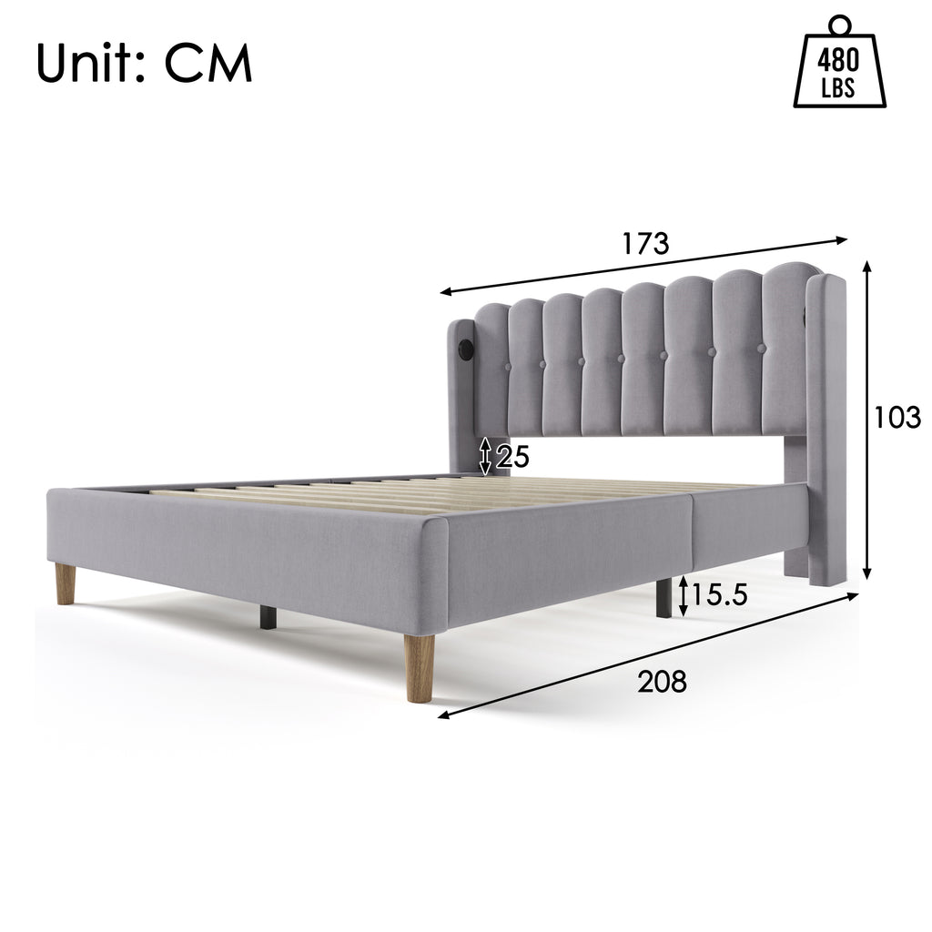 Upholstered Bed Double Bed With USB Type C Charging Function, Bed Frame With Slatted Frame, Upholstered Bed In Grey, 160 X 200 Cm Bed Frame Youth Bed For Bedroom Guest Room Linen Material