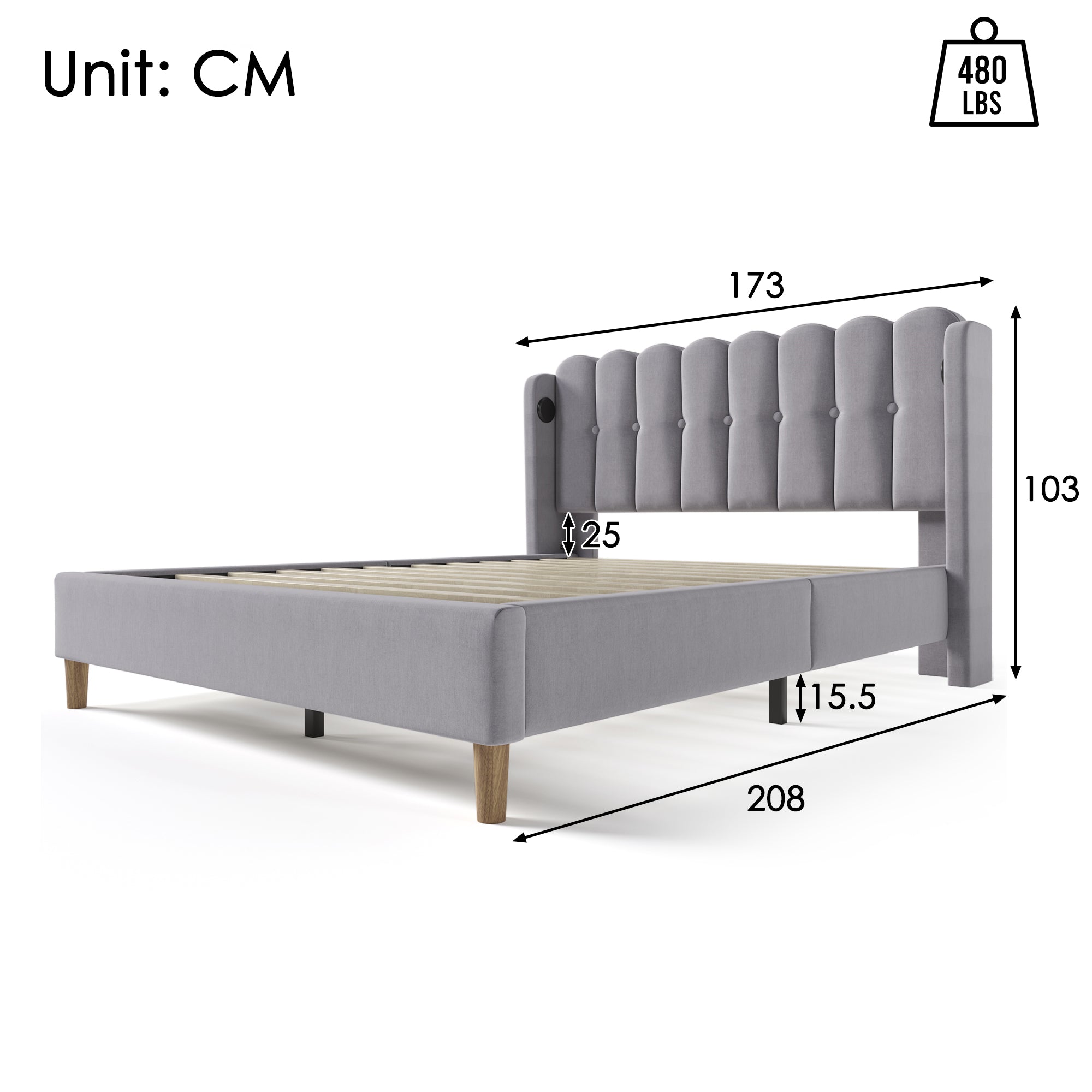 Upholstered Bed Double Bed With USB Type C Charging Function, Bed Frame With Slatted Frame, Upholstered Bed In Grey, 160 X 200 Cm Bed Frame Youth Bed For Bedroom Guest Room Linen Material