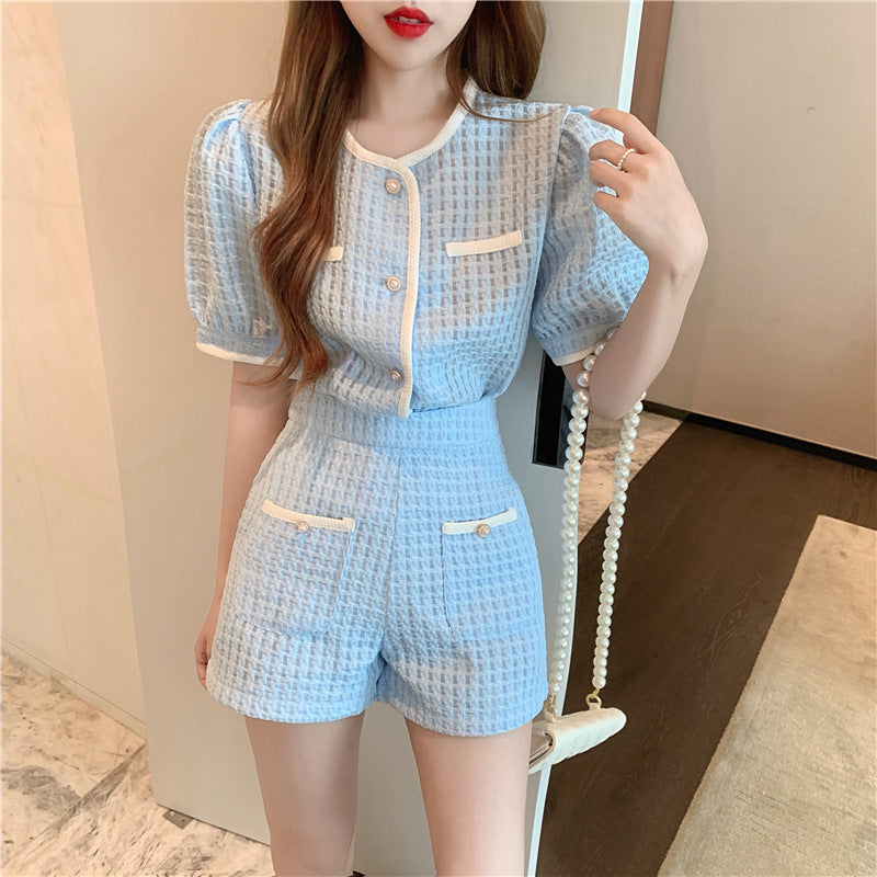 Top High Waist Thin Wide Leg Shorts Two Piece Set