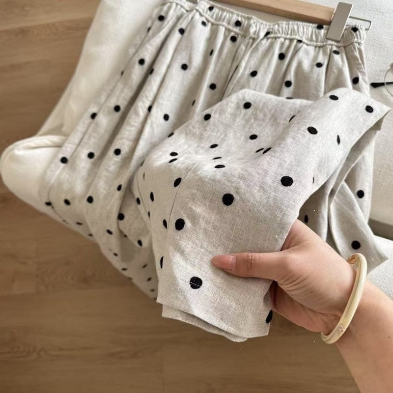 Womens Casual Loose-fit Polka-dot Wide-leg Pants