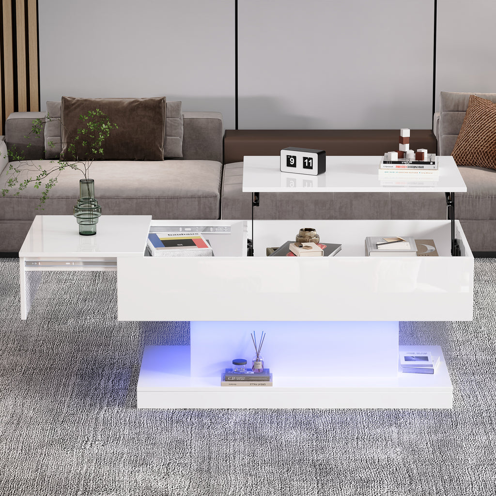 High Gloss Lift Tea Table LED Coffee Tables Coffee Table 100x50x45 Cm With LED Lighting - Semi-Liftable Table Top And Sideways Sliding Design, Hydraulic Lift And Storage