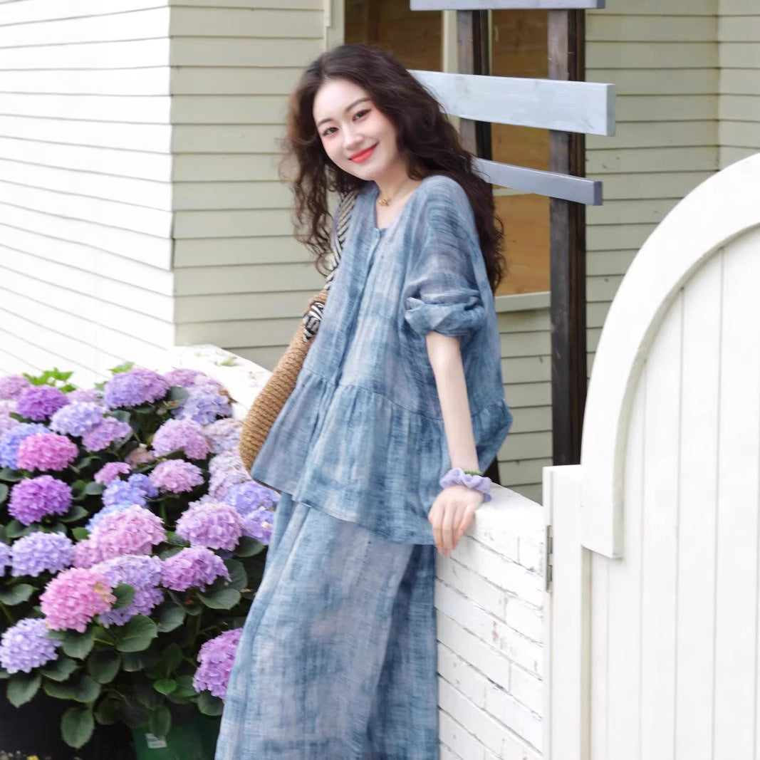 Women's Printed Shirt Top And Strap Dress
