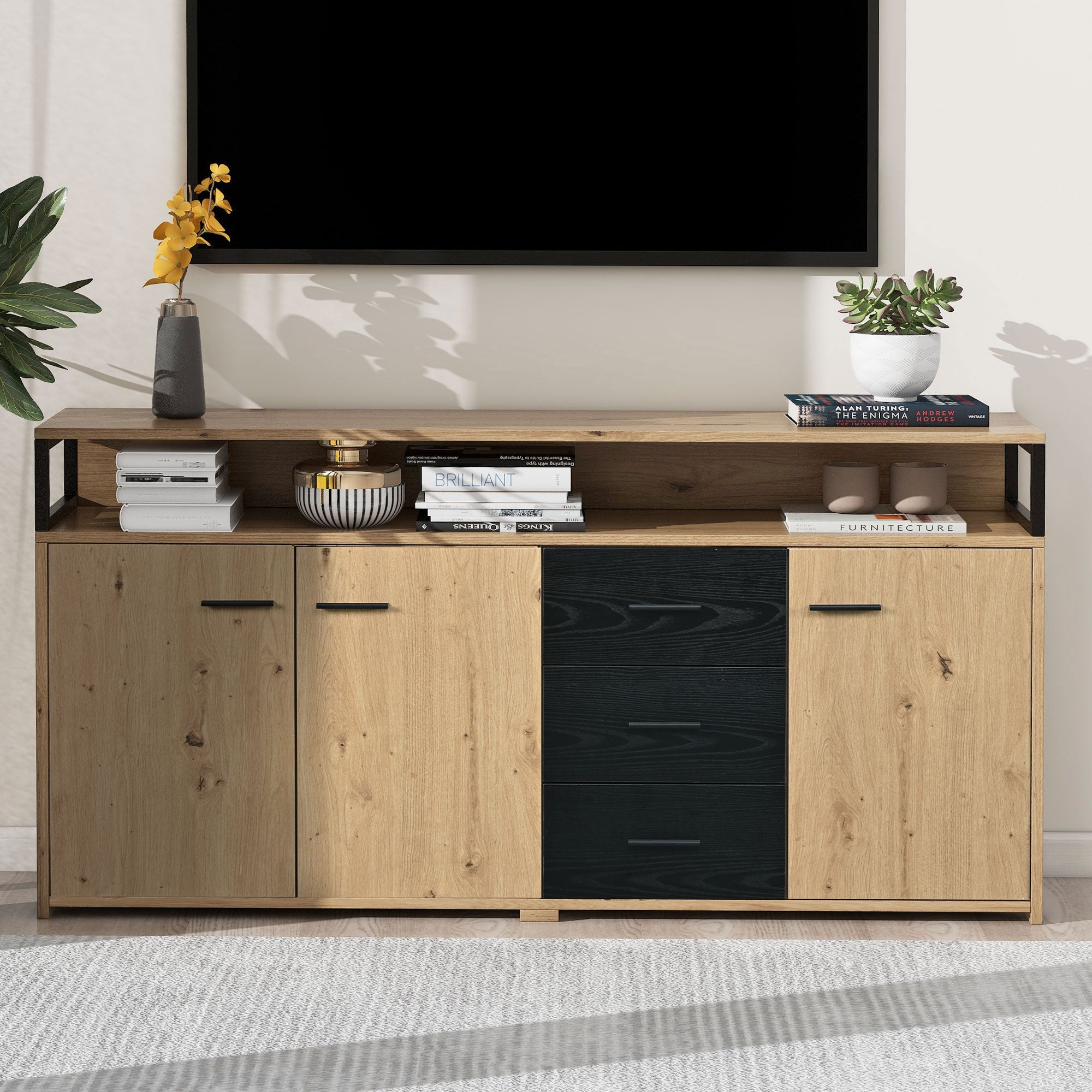 Industrial Sideboard With 3 Doors And 3 Drawers, Chest Of Drawers & Kitchen Cabinet, Multi-purpose Storage Highboard With Metal Handles For Bedroom, Living Room And Office, Size 1503575.9cm
