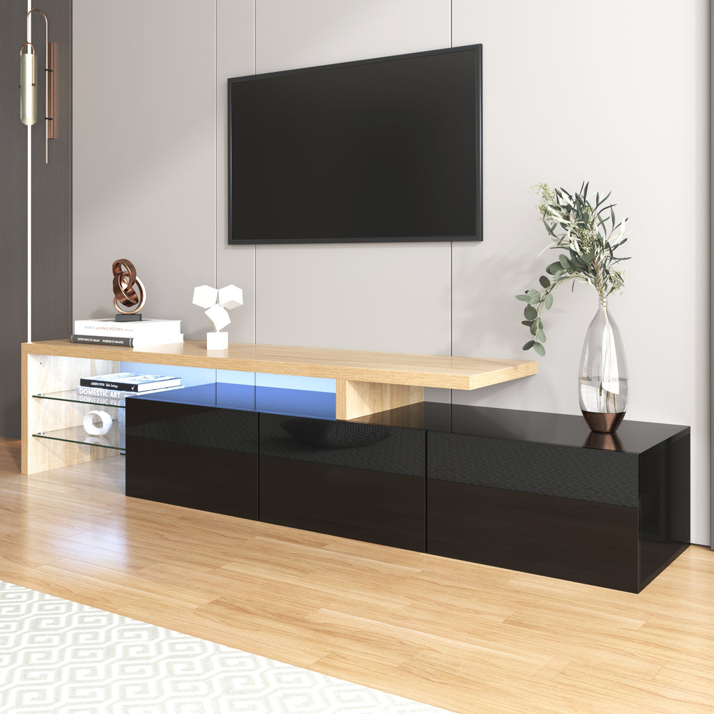 Modern TV Cabinet Design Stylish Elegance, Practical Storage, High-gloss Black, Wood-effect Finish, Glass Shelves, LED Lighting.