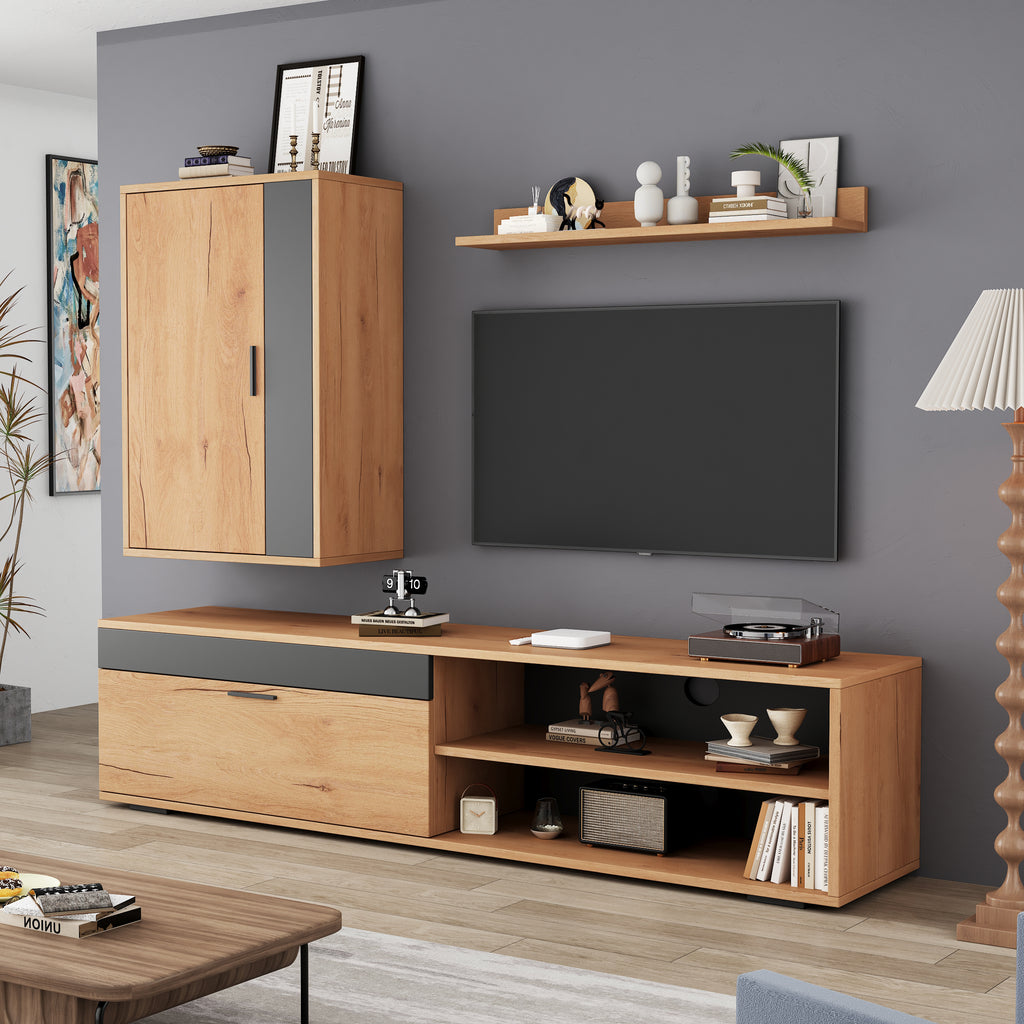 140x35x39cm TV Wall Unit Set Complete Set, 3 Pcs , Media Wall Incl. TV Board, Stand Shelf And Wall Shelf, TV Living Room Furniture Set, Modern TV Cabinet, Standing And Hanging, Wood Color Black