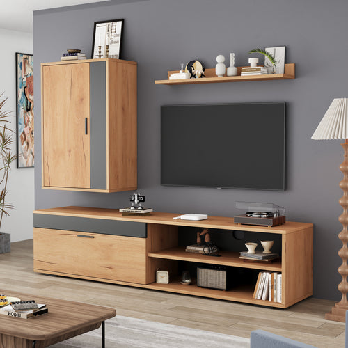 140x35x39cm TV Wall Unit Set Complete Set, 3 Pcs , Media Wall Incl. TV Board, Stand Shelf And Wall Shelf, TV Living Room Furniture Set, Modern TV Cabinet, Standing And Hanging, Wood Color Black