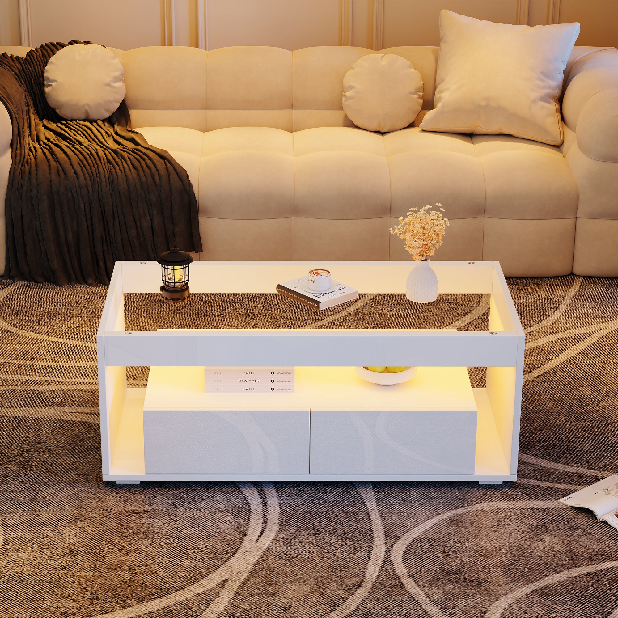 Modern Coffee Table With LED Light, Rectangular Sofa Table With 2 Large Drawers, Spacious Glass Living Room Table, Double-layered Design, High Gloss, Large Living Room Table, White
