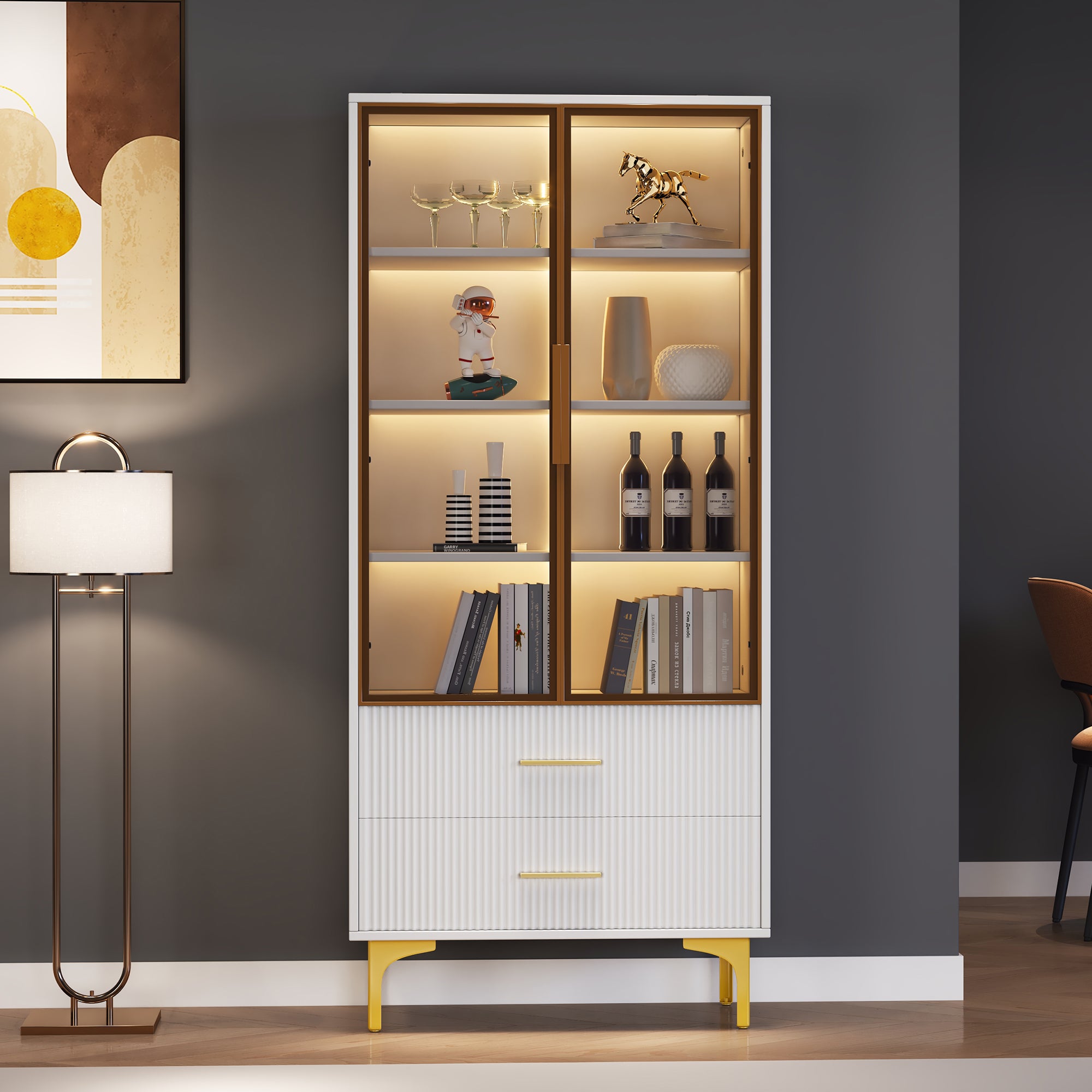 Elegant Glass Display Case With Two Doors - 70x35x150cm - Glass Doors, Golden Legs, Movable Shelves, Display Case With App LED Light, Cabinet, Glass Display Cabinet, Tall Cabinet, Standing Display Cas
