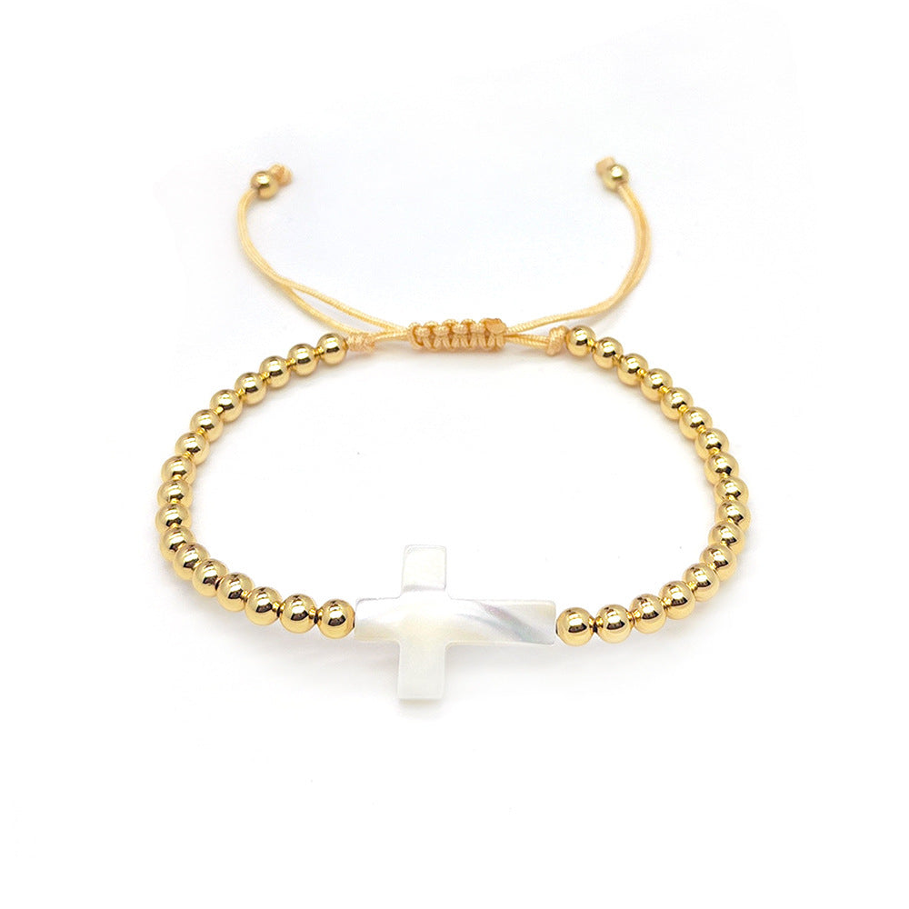 Womens Natural Shell Cross Beaded Copper-Gold-Plated Bracelet