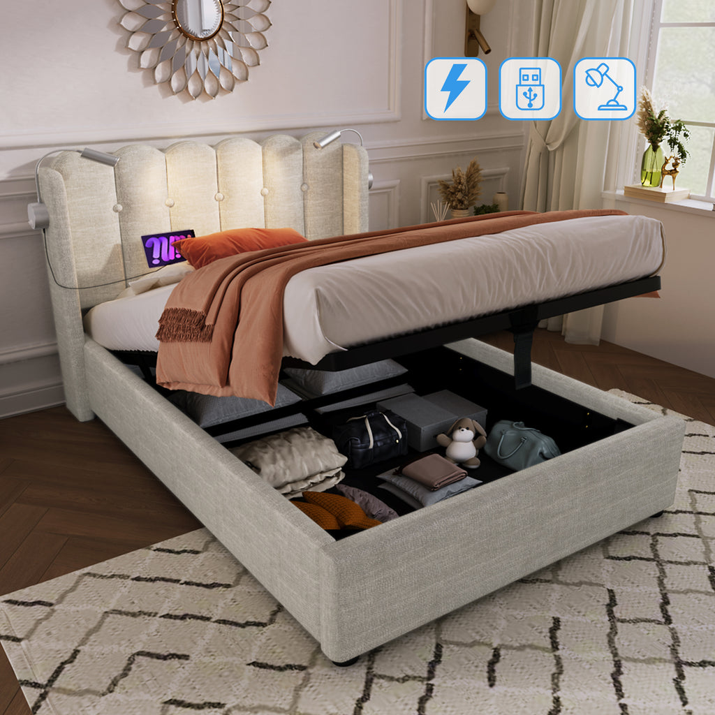 Upholstered Bed Single Bed Reading Light With Charging Function Head Part Storage Room Bed Frame Linen Material Youth Bed 90x200 With Slate Grating,Natural With Mattress