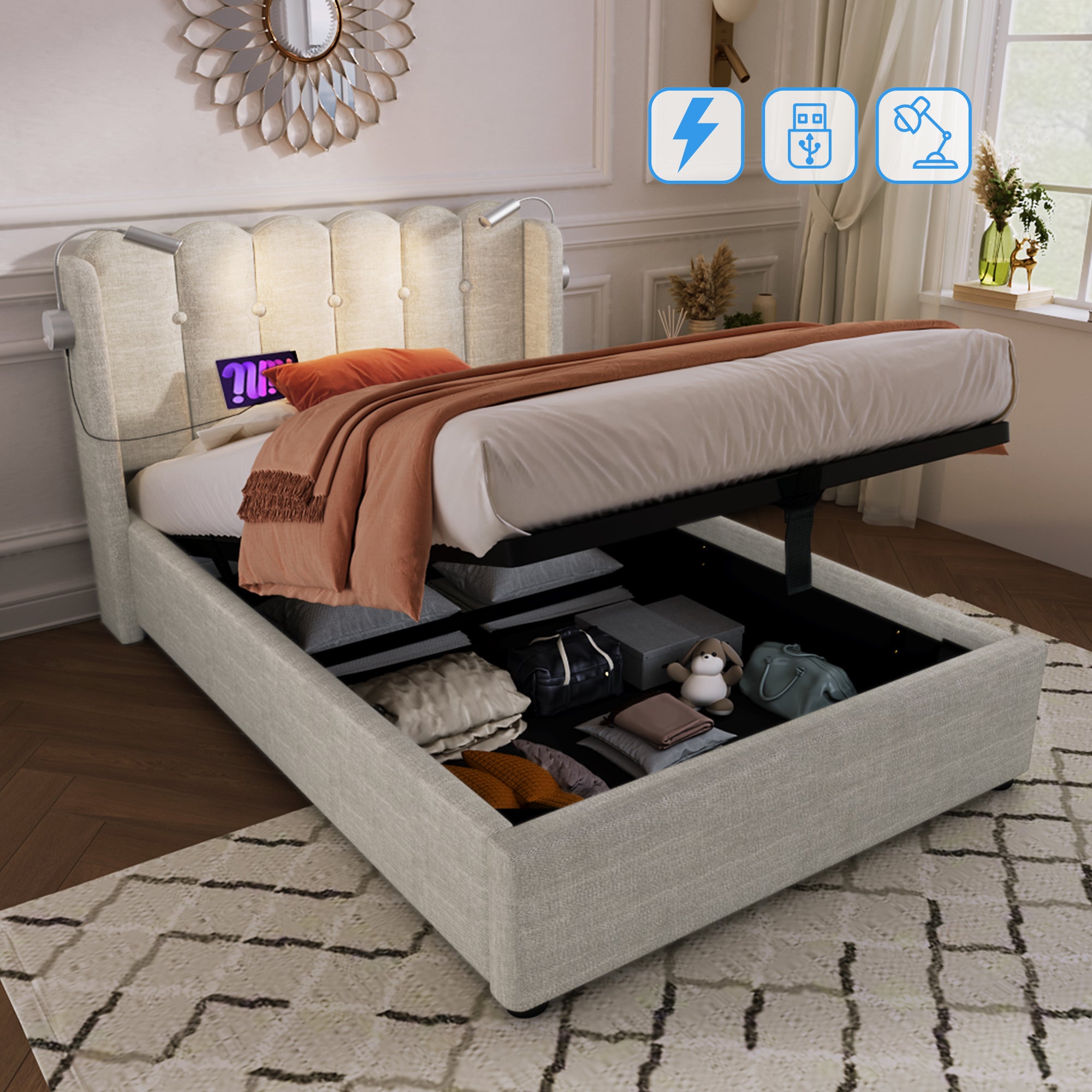 Upholstered Bed Single Bed Reading Light With Charging Function Head Part Storage Room Bed Frame Linen Material Youth Bed 90x200 With Slate Grating,Natural With Mattress