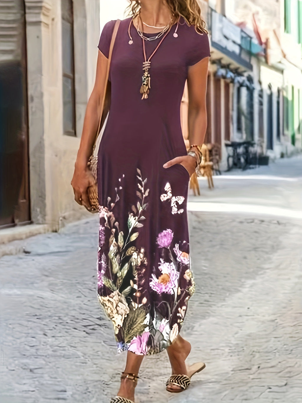 Women's Floral Print Short Sleeve Maxi Dress With Pockets Casual Round Neck Loose Fit Long Dress For Summer