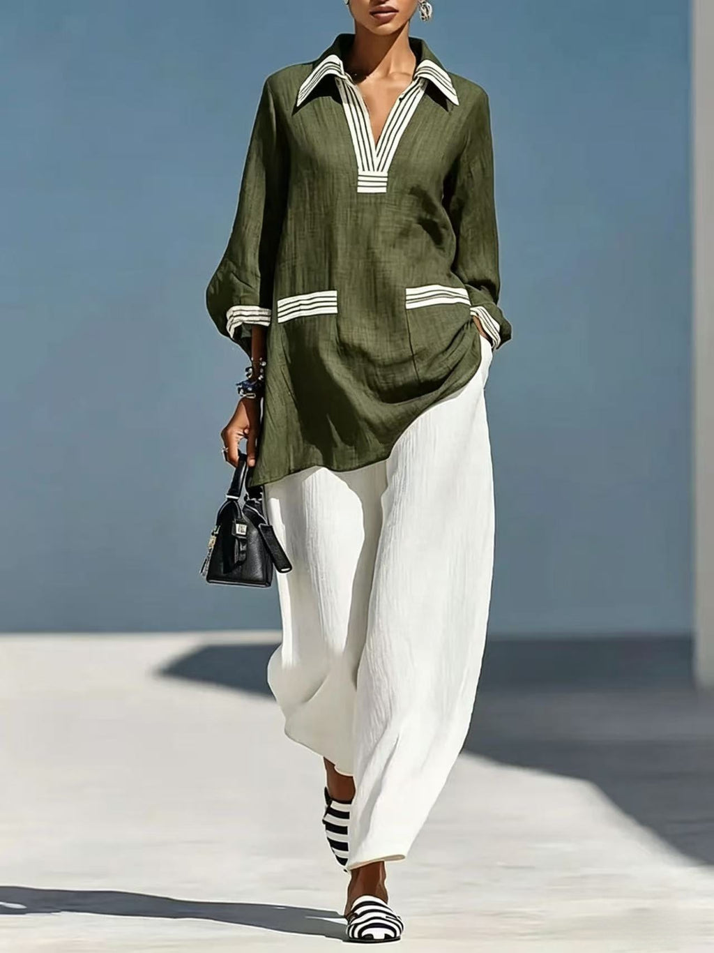 Cotton-linen Comfortable Casual Color-block Bell-sleeve Pol Shirt And V-neck Pants Two-piece Set