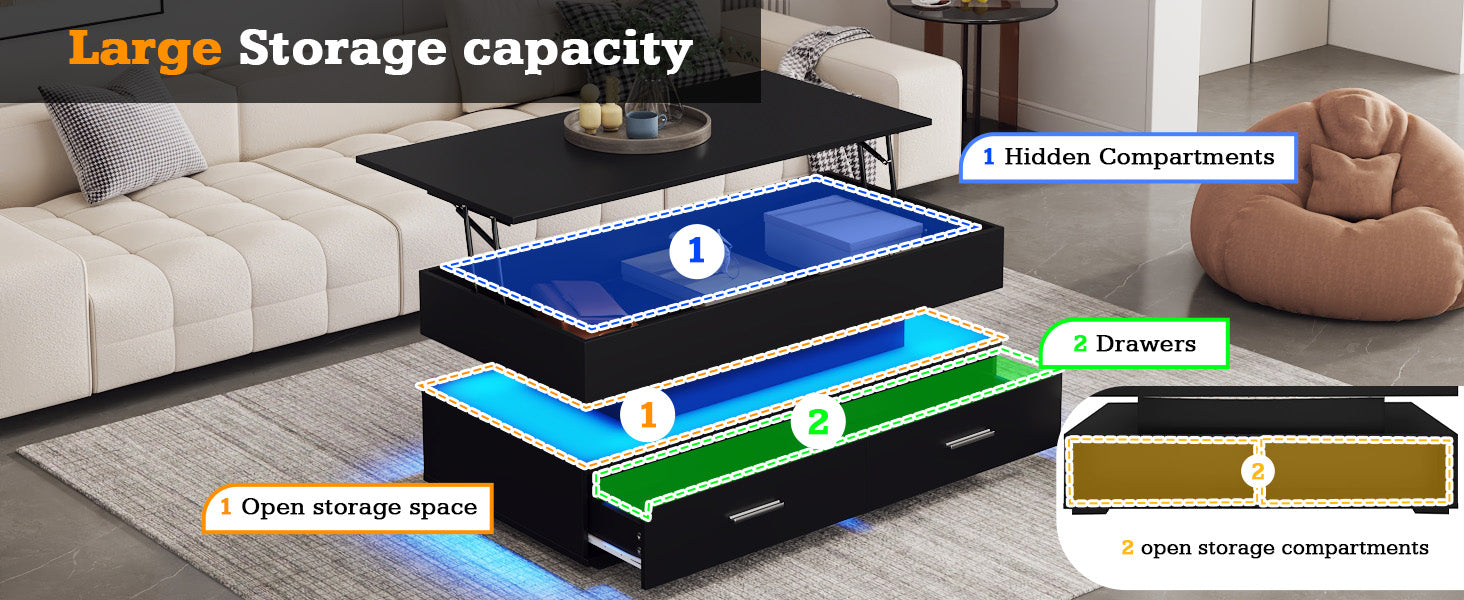100X50X44cm Hydraulic Height Adjustable Coffee Table, With LED Lighting, Bluetooth APP Control, 2 Drawers And Open Storage,Black Liftable Coffee Table