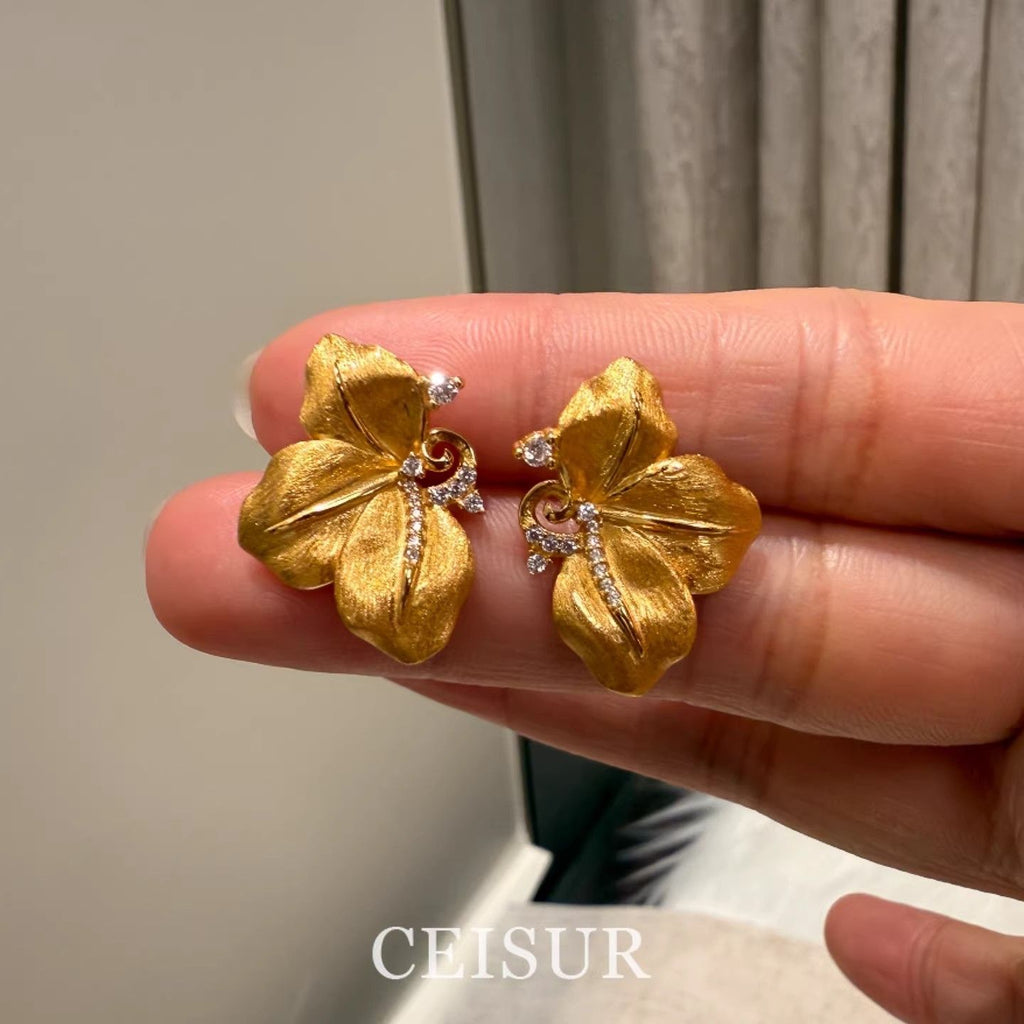 Italian Style Brushed Phalaenopsis Rhinestone Stud Earrings, Retro Heavy Craft All-Match Autumn Winter Fashion Ear Jewelry For Women