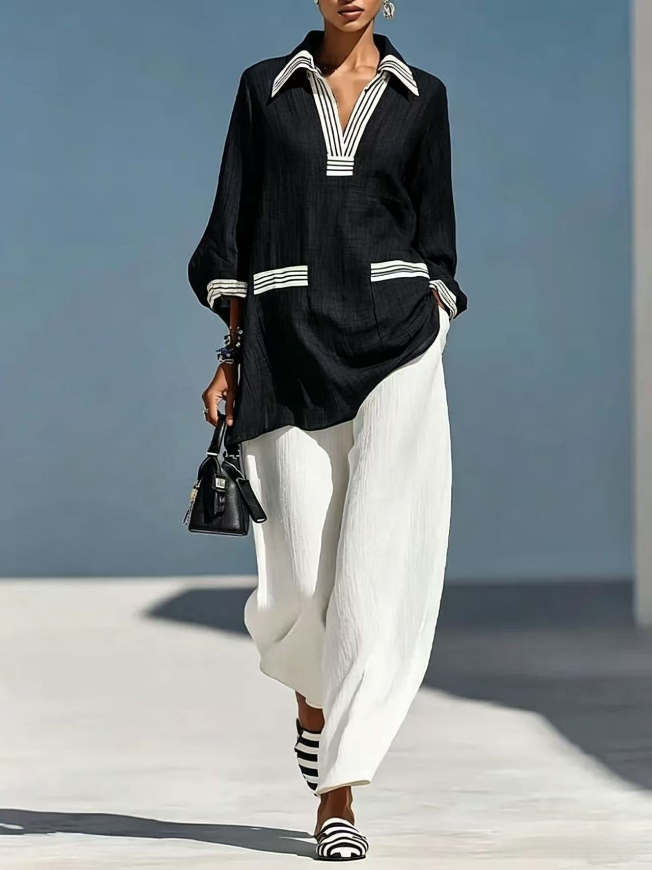 Cotton-linen Comfortable Casual Color-block Bell-sleeve Pol Shirt And V-neck Pants Two-piece Set