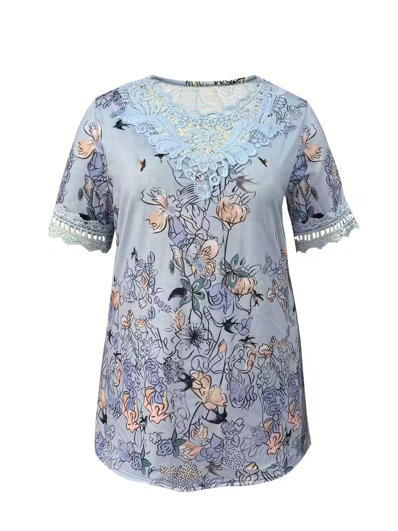 Plus Size Women'S Plus Size Fashion Casual Temperament Elegant Comfortable Versatile Vacation Retro Latin Ethnic Style Printed Lace Patchwork Neck Lace Patchwork Short Sleeve T-Shirt