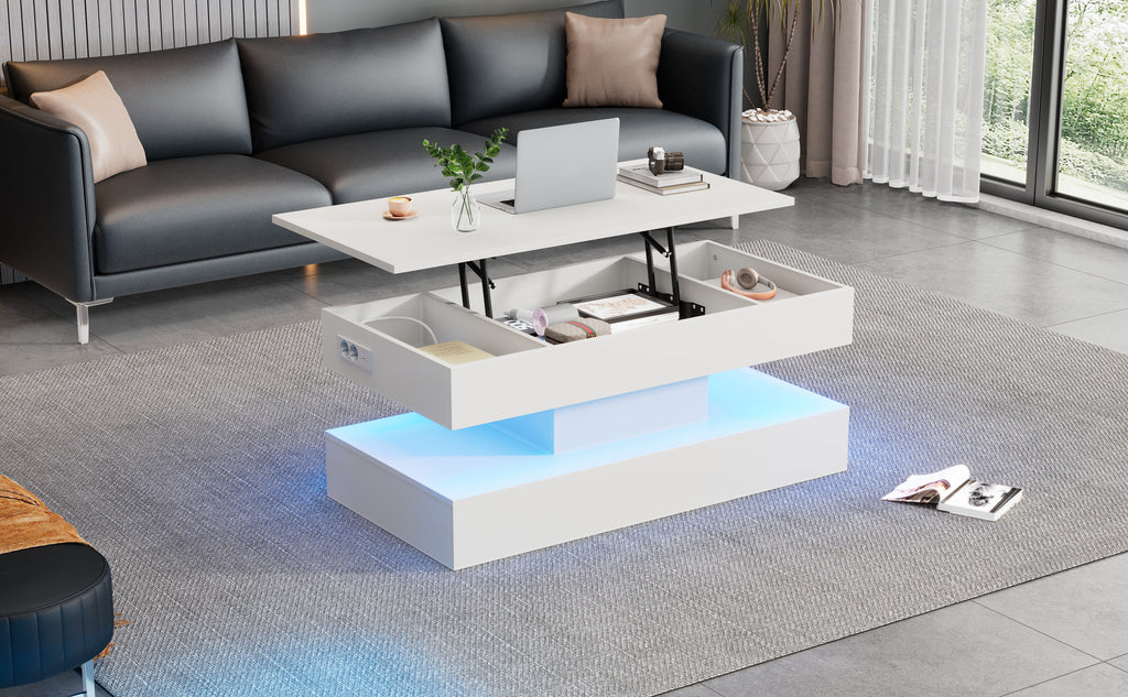 Modern Coffee Table With LED Lighting And Hidden Storage - Side Table With Hydraulic Lift, 100x50x42 Cm, 50 Kg Load