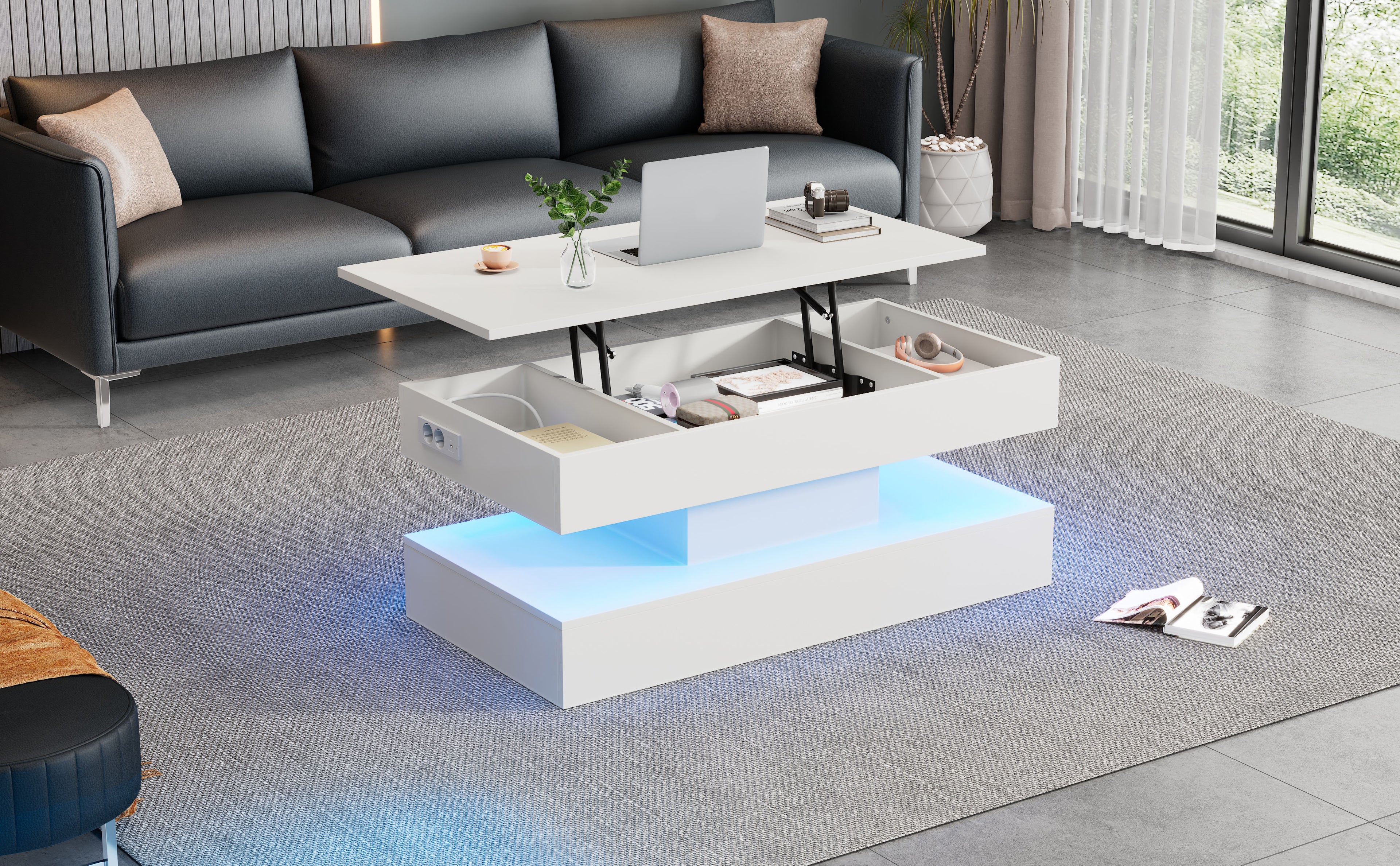 Modern Coffee Table With LED Lighting And Hidden Storage - Side Table With Hydraulic Lift, 100x50x42 Cm, 50 Kg Load