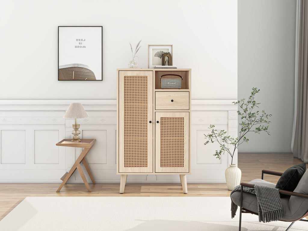 Sideboard In Wood Look, 2 Rattan Doors, 1 Drawer, Corner Cabinet, Chest Of Drawers, Standing Cabinet Storage Cabinet Sideboard With Large Storage Space, 60x40x101c