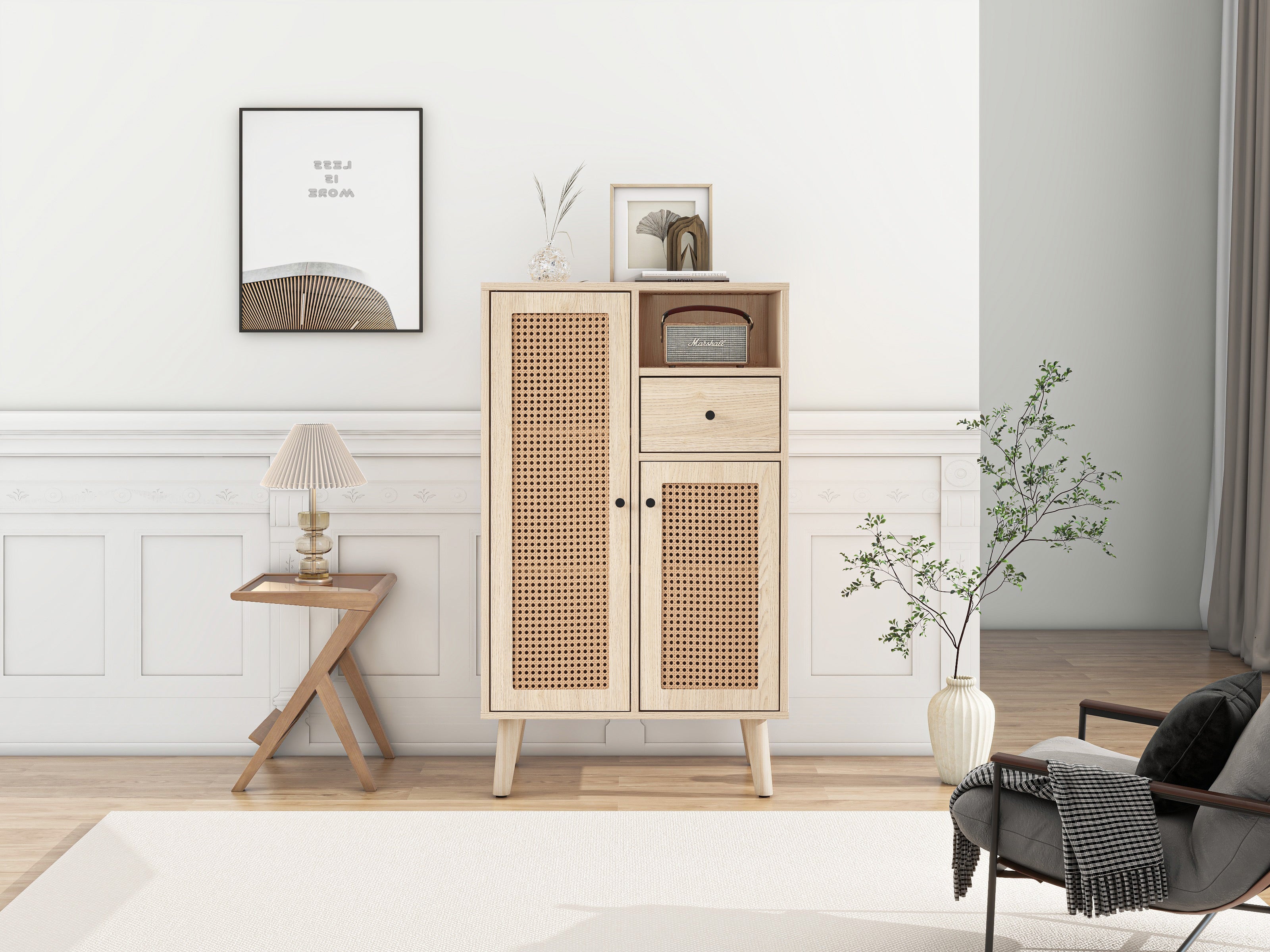 Sideboard In Wood Look, 2 Rattan Doors, 1 Drawer, Corner Cabinet, Chest Of Drawers, Standing Cabinet Storage Cabinet Sideboard With Large Storage Space, 60x40x101c