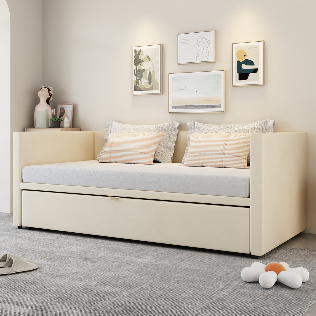 Upholstered Bed Pull-Out Sofa Bed 90 180X200 Cm With Slatted Frames, Multifunction Bed Made Of Skin-Friendly Velvet Fabric Beige