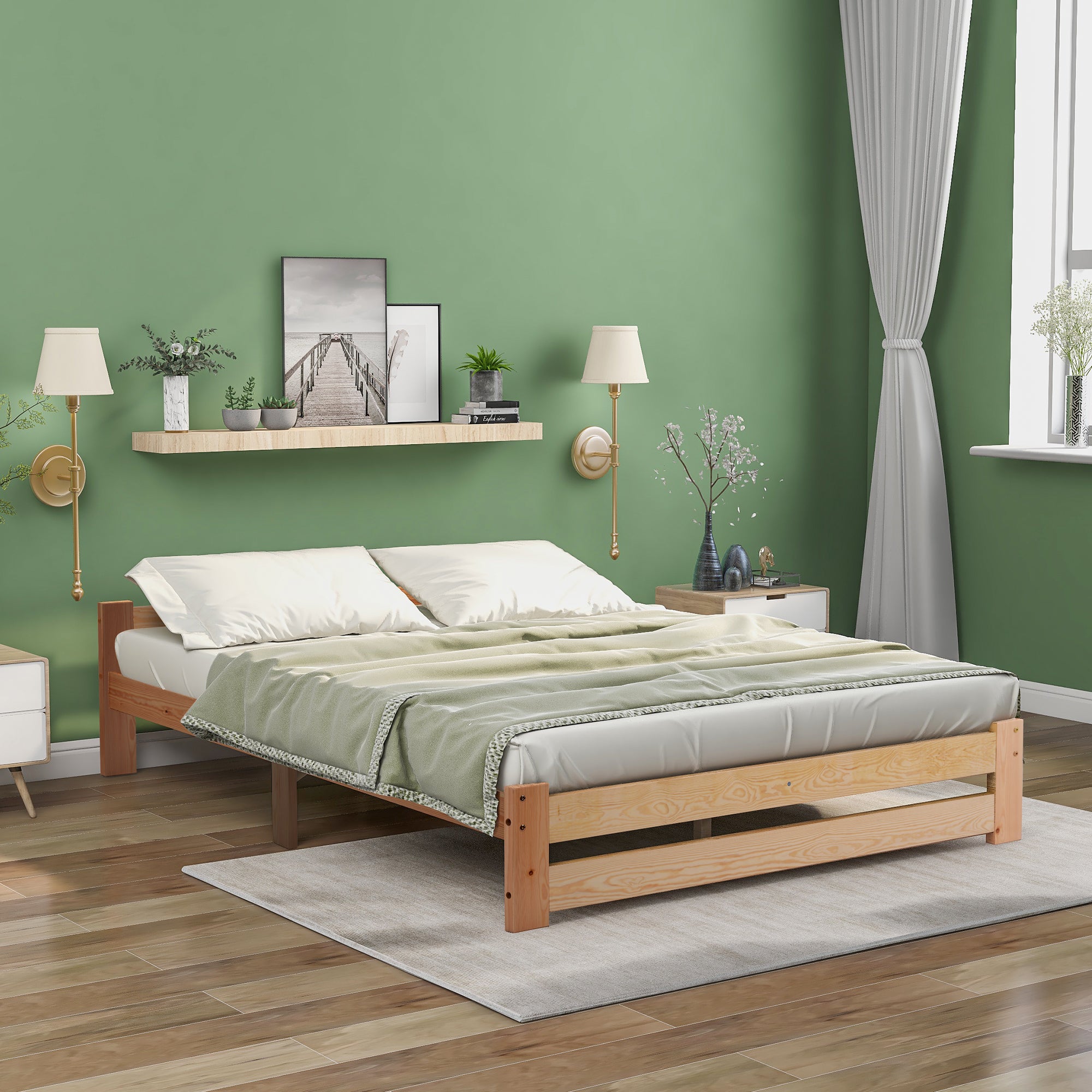 Solid Solid Wood Bed Futon Bed Made Of Natural Wood With Headboard And Slatted Frame, Natural 200x140cm