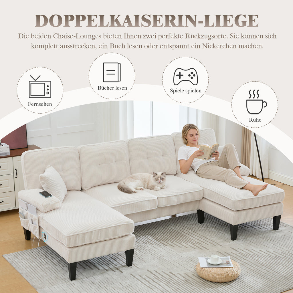 Modern 4-seater U-sofa With Double Chaise Longue  Made Of Soft Corduroy Fabric, With Comfortable Upholstery, Modern Backrest And Robust Construction. Perfect For Any Living Room Concept.Beige