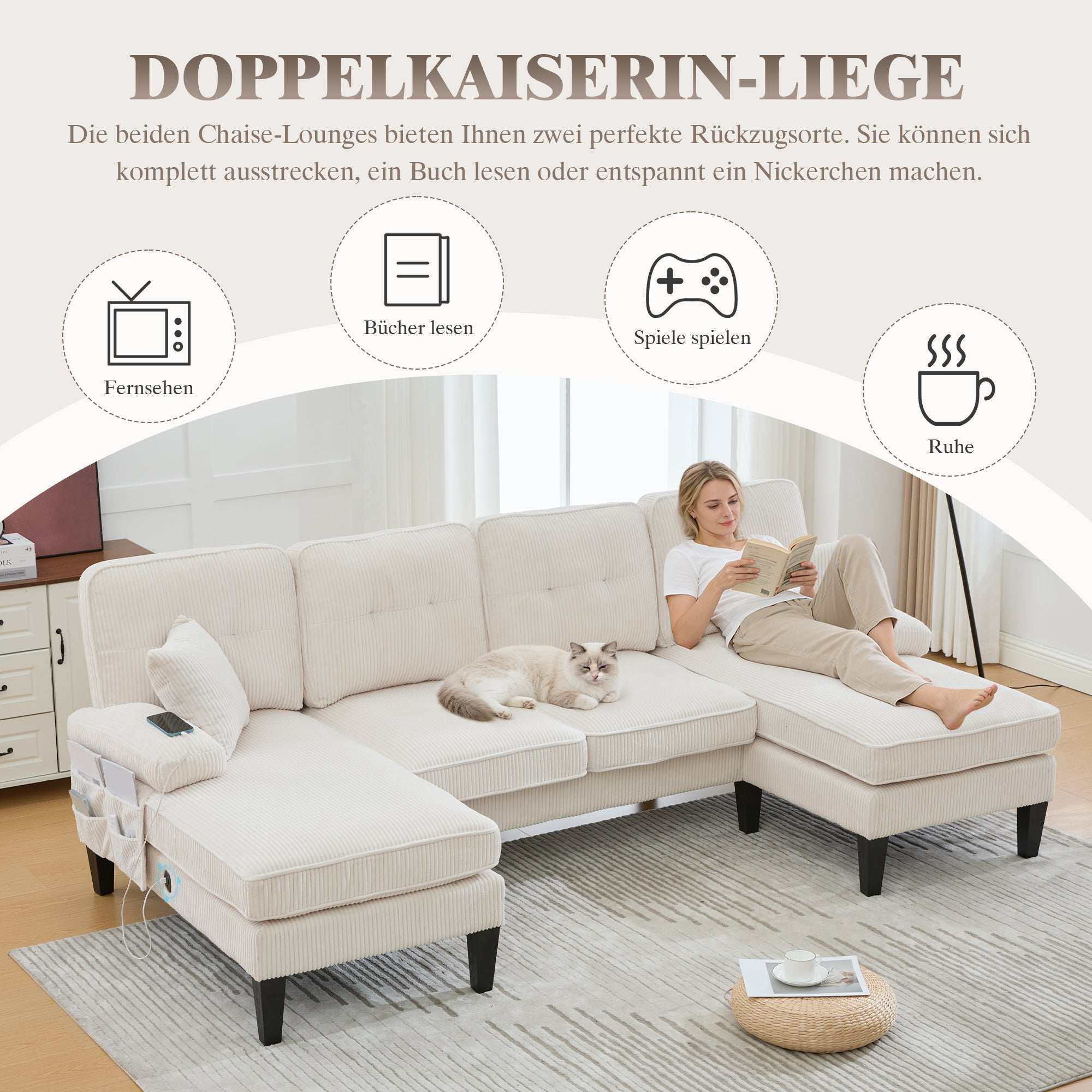 Modern 4-seater U-sofa With Double Chaise Longue  Made Of Soft Corduroy Fabric, With Comfortable Upholstery, Modern Backrest And Robust Construction. Perfect For Any Living Room Concept.Beige