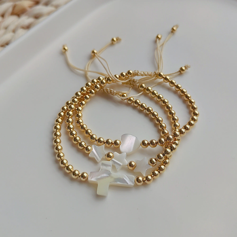Womens Natural Shell Cross Beaded Copper-Gold-Plated Bracelet