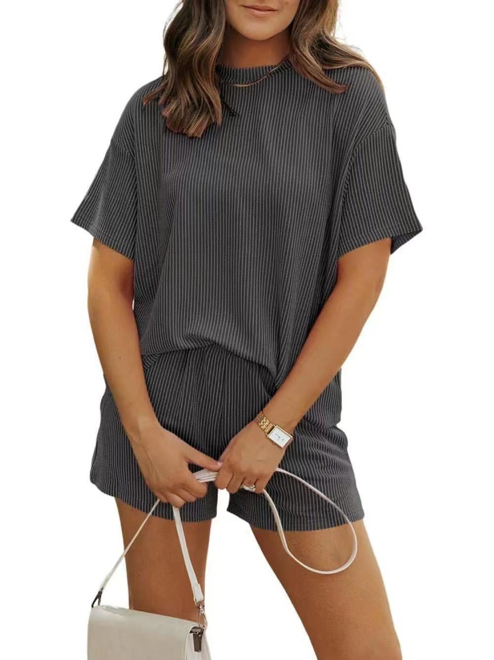 Summer Casual Chic Striped New Round-neck Womens Outfit Set
